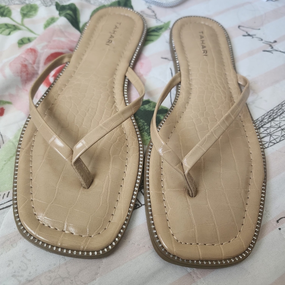 Tahari Colette Beige Croc-Embossed Sandals